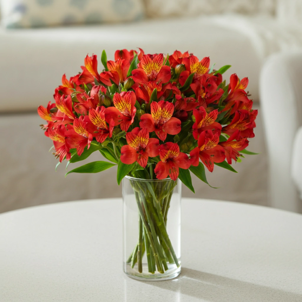 Alstro Fogo (Alstroemérias vermelhasalaranjadas) + Vaso